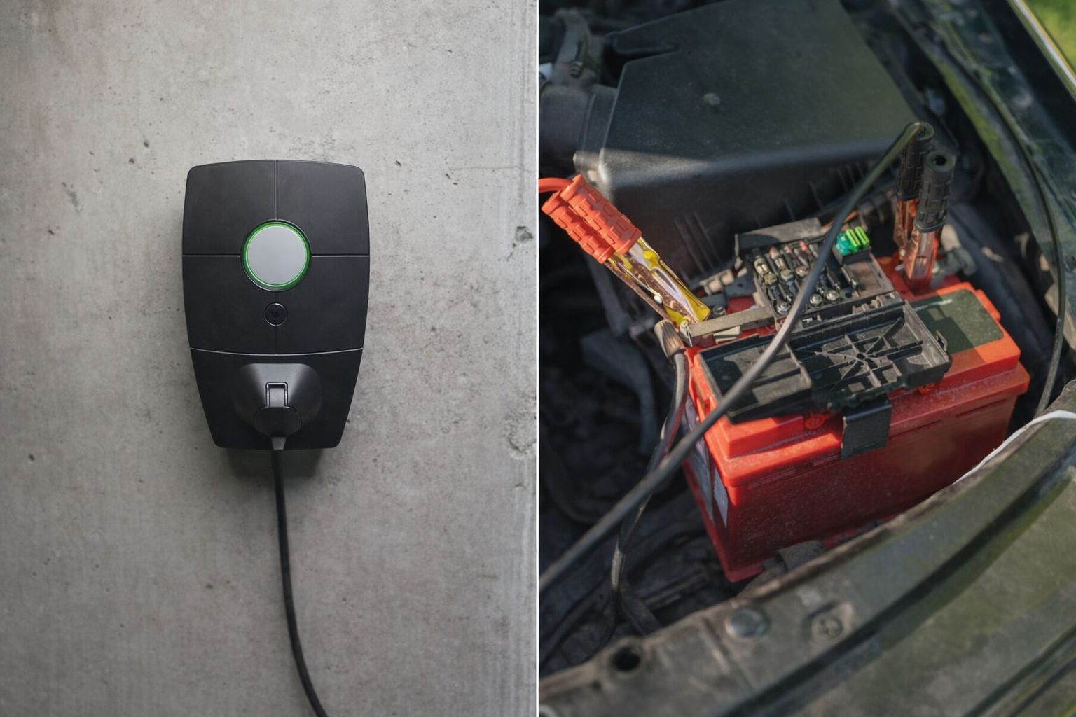 Splitbillede: En sort Zaptec Pro-oplader på væg og et bilbatteri under ladning.